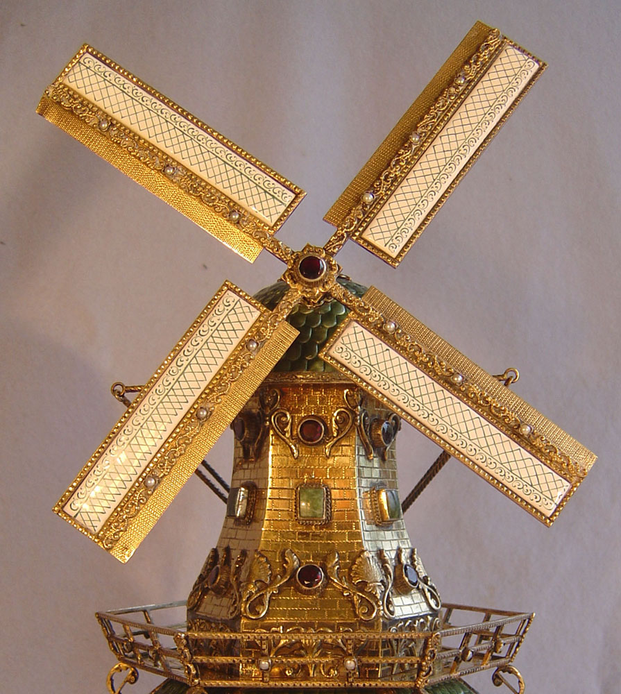 Austrian silver gilt, enamel and jewelled automaton musical windmill jewellry  box.