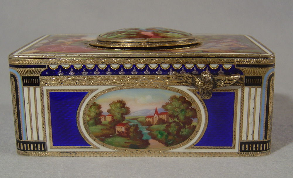 Fine silver gilt and enamel singing bird box by Griesbaum, model number 7.