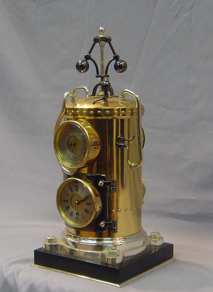 Antique industrial clock and automaton, French in form of a steam boiler.