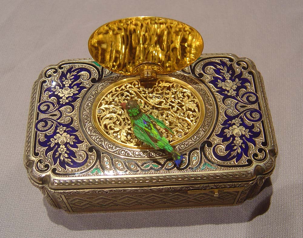 Bruguier silver gilt and enamel singing bird box.