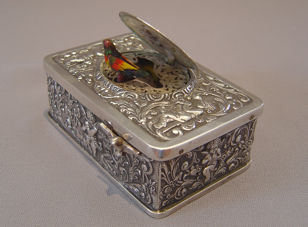 Silver Griesbaum singing bird box automaton.