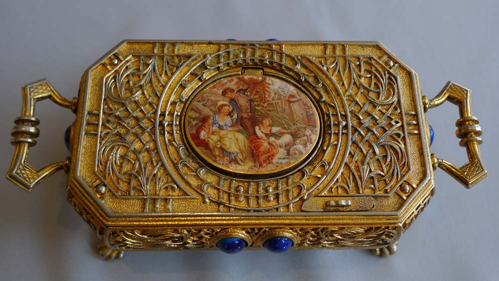 Singing bird box automaton in gilt bronze, jewelled case with miniature to lid.