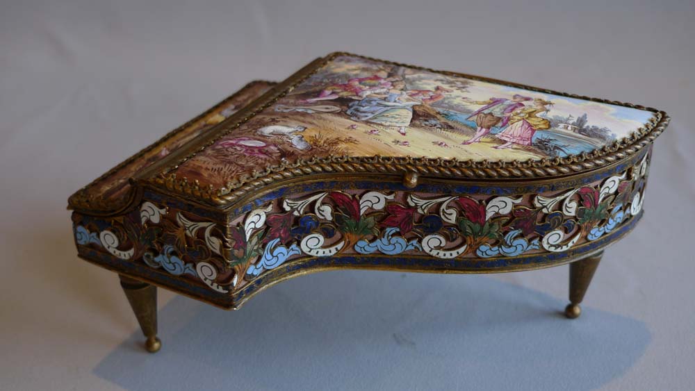 Antique musical box in handpainted enamel, champleve enamel and gilt bronze miniature grand piano.