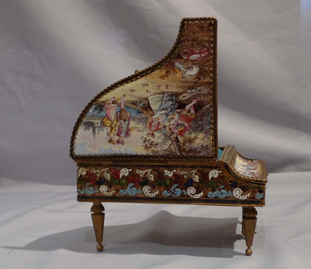 Antique musical box in handpainted enamel, champleve enamel and gilt bronze miniature grand piano.