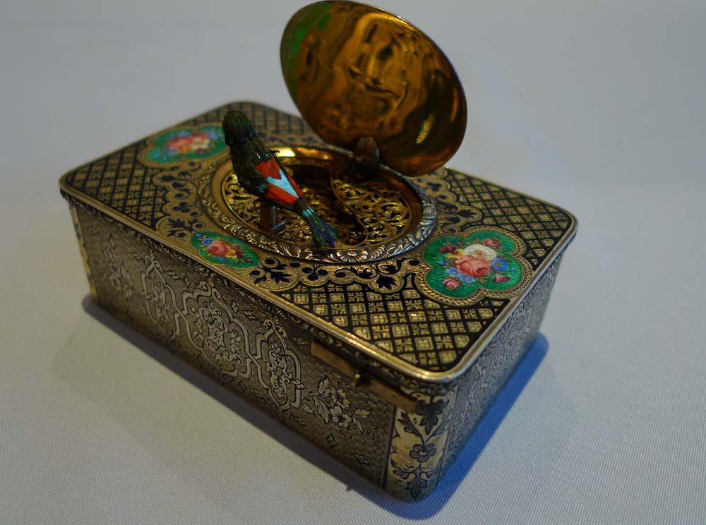 Antique singing bird box in silver gilt and enamel, earliest numbered Charles Bruguier box extant.