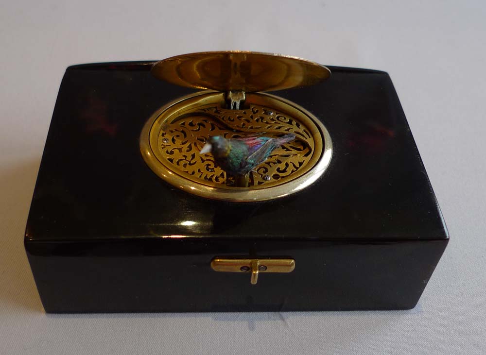 Singing bird box, fusee, in tortoiseshell and enamel by Bruguier