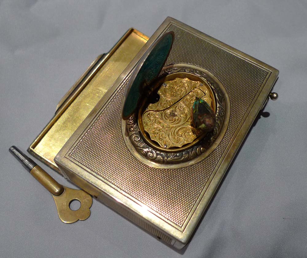 Antique Bruguier fusee singing bird box in engine turned silver case movement signed C. Bruguier 166