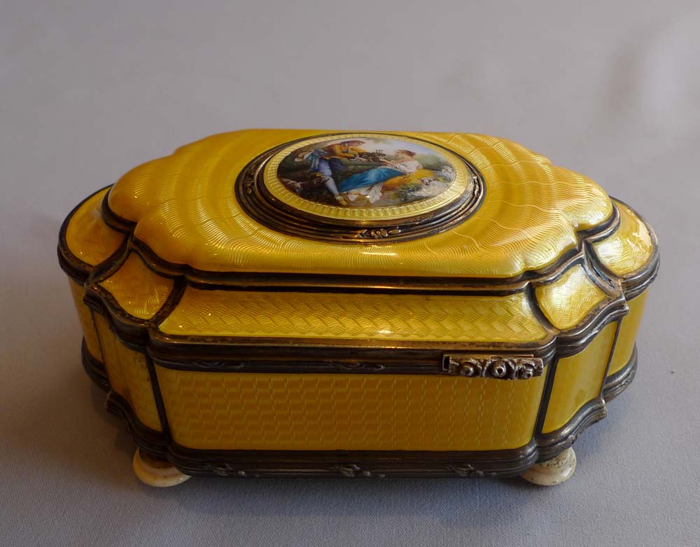 French singing bird box in silver and imperial yellow guilloche enamel