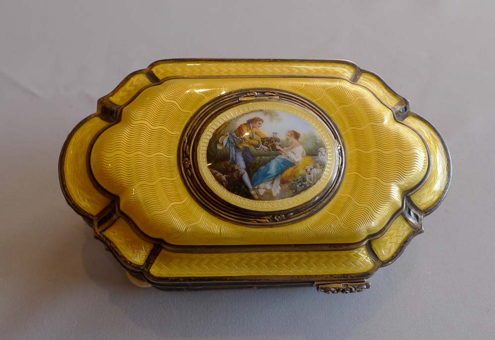 French singing bird box in silver and imperial yellow guilloche enamel