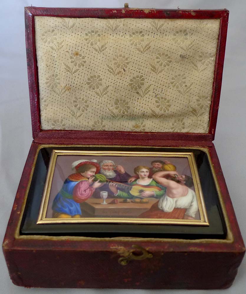 Antique Rochat tortoiseshell music box with fine enamel painting in original leather outer case.