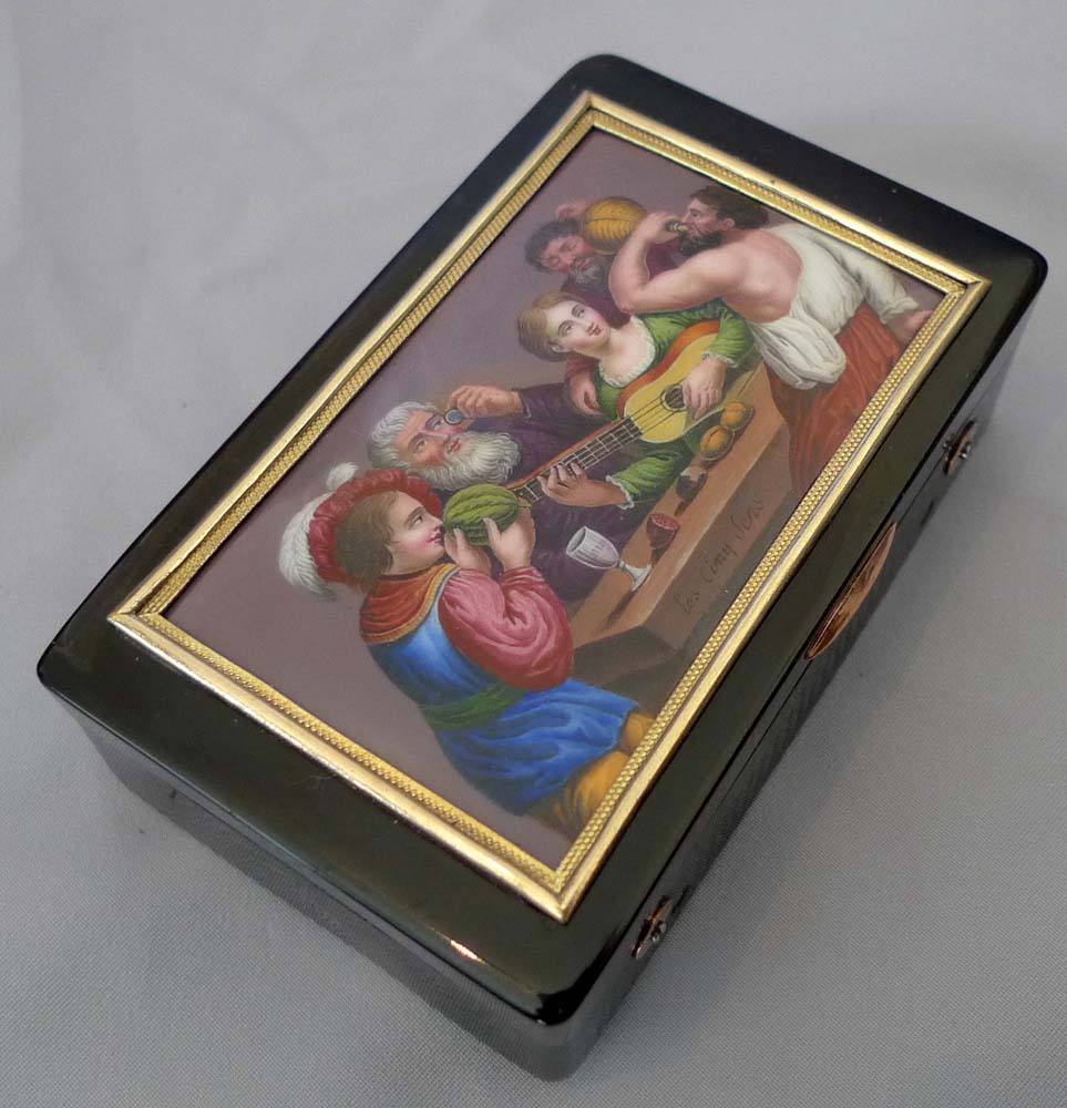 Antique Rochat tortoiseshell music box with fine enamel painting in original leather outer case.