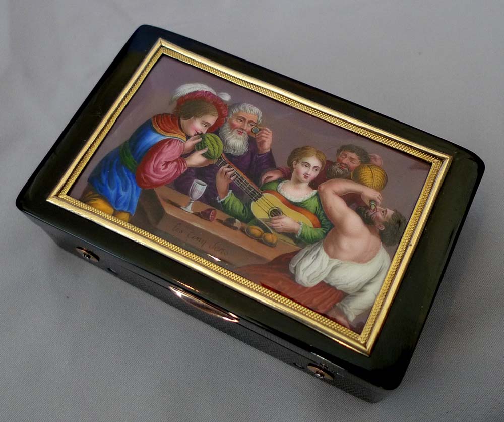 Antique Rochat tortoiseshell music box with fine enamel painting in original leather outer case.