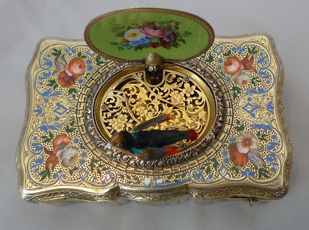 Antique Bruguier singing bird box, fusee movement, silver gilt and enamel case.