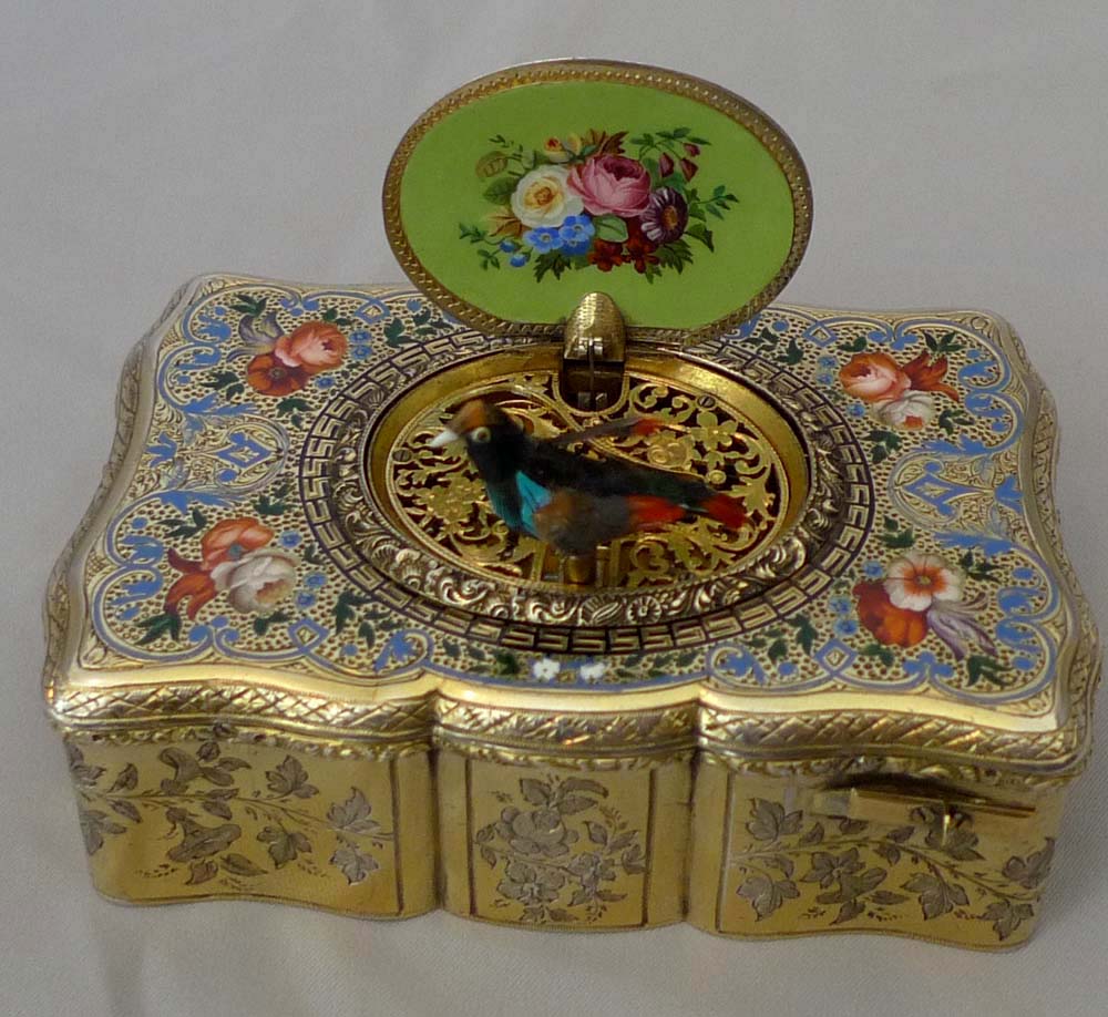 Antique Bruguier singing bird box, fusee movement, silver gilt and enamel case.