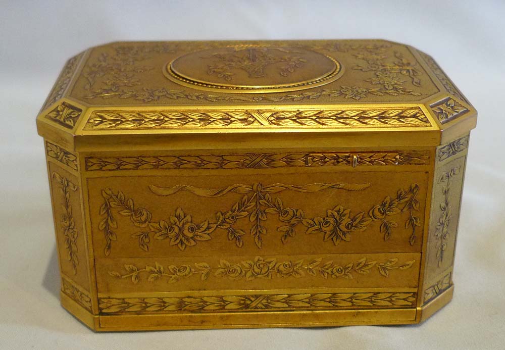 Antique singing bird box finely engraved with mechanically opening drawer, Bontems France.