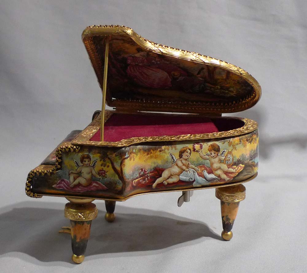 Hand painted enamel and gilt bronze miniature musical grand piano