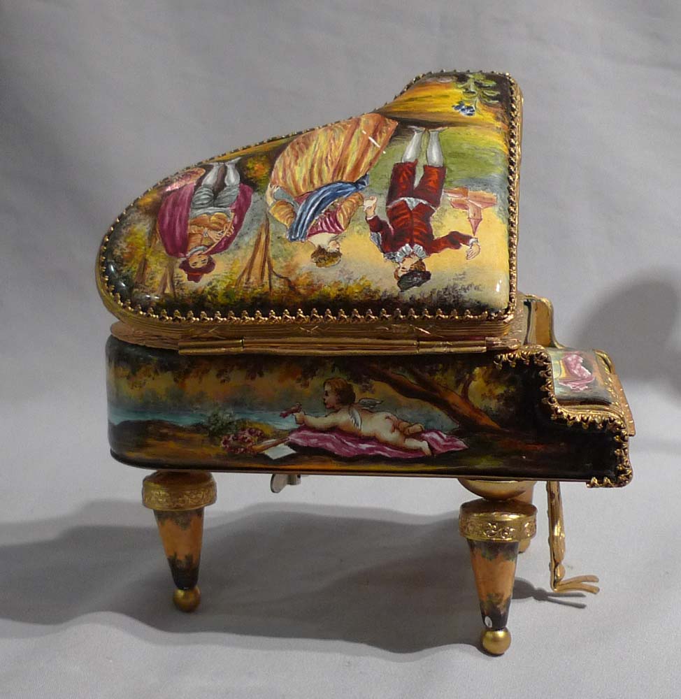Hand painted enamel and gilt bronze miniature musical grand piano