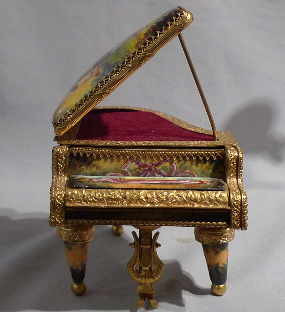 Hand painted enamel and gilt bronze miniature musical grand piano
