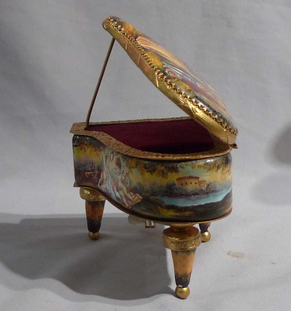 Hand painted enamel and gilt bronze miniature musical grand piano
