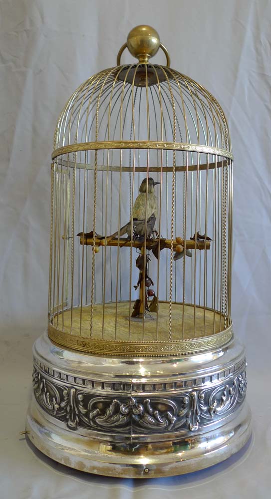 Antique Bontems French large singing bird cage, silver plated, stamped Ovington New York no.321.