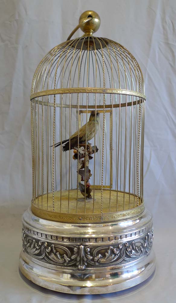 Antique Bontems French large singing bird cage, silver plated, stamped Ovington New York no.321.