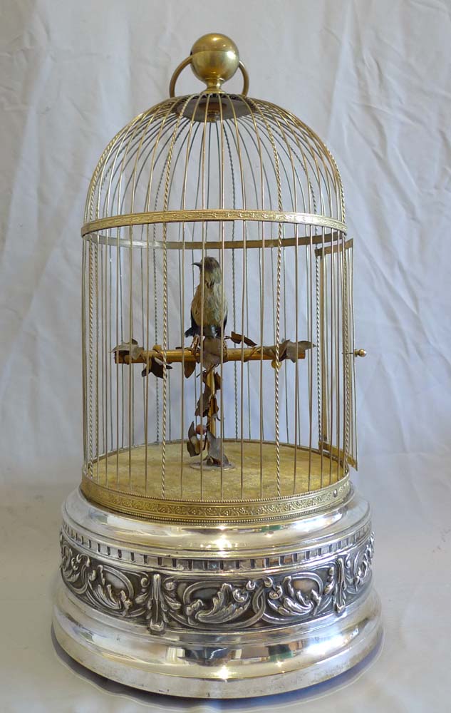 Antique Bontems French large singing bird cage, silver plated, stamped Ovington New York no.321.