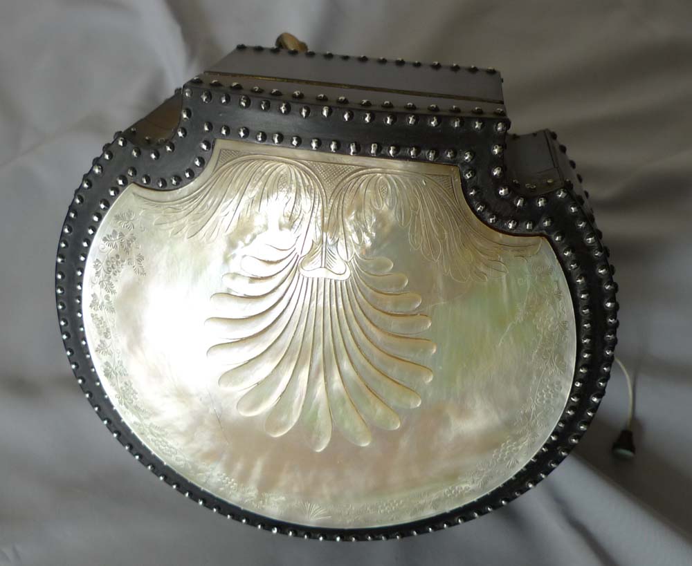 Antique Palais Royal engraved Mother of Pearl and Steel work shell shaped musical  sewing necessair