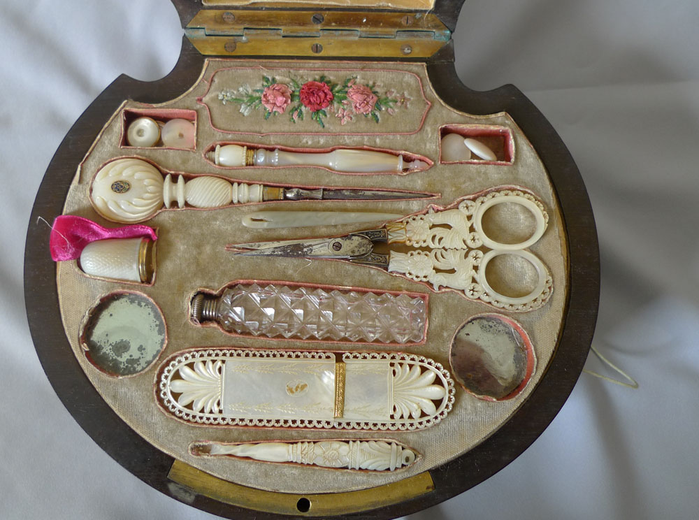 Antique Palais Royal engraved Mother of Pearl and Steel work shell shaped musical  sewing necessair
