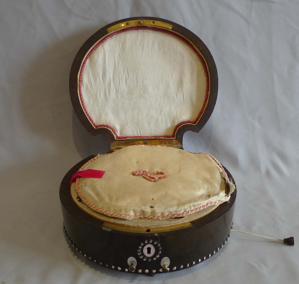 Antique Palais Royal engraved Mother of Pearl and Steel work shell shaped musical  sewing necessair