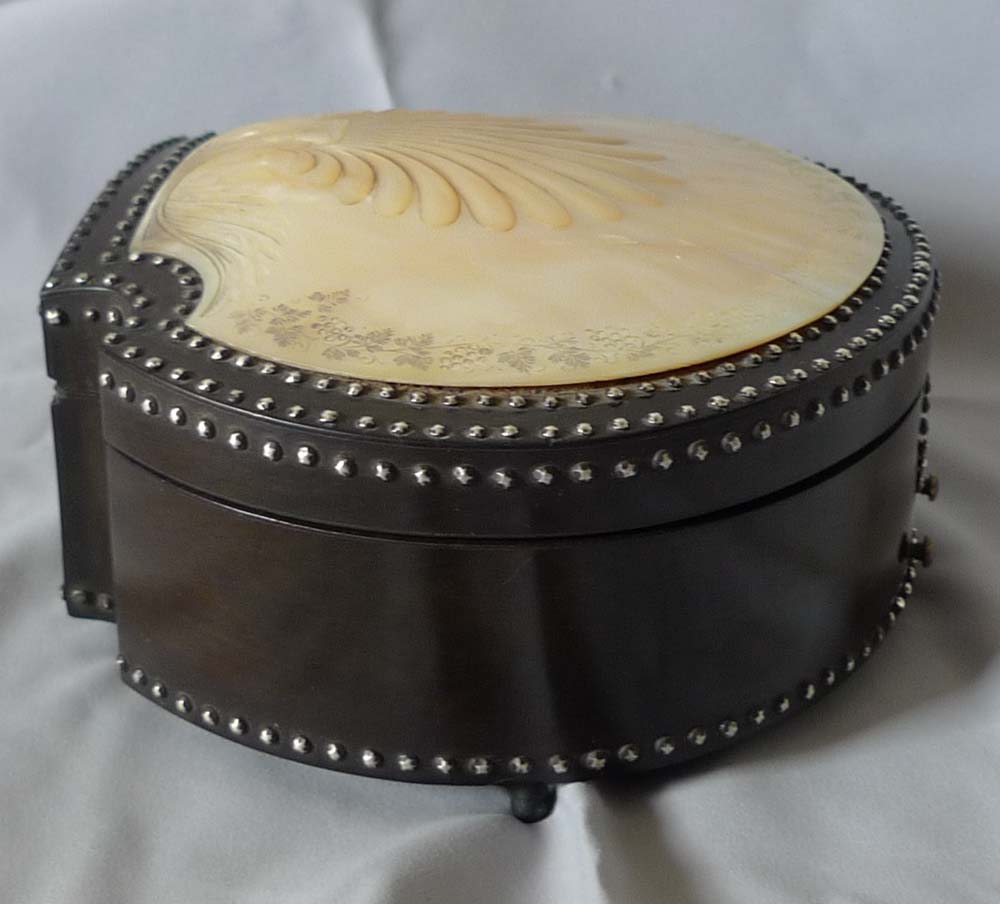Antique Palais Royal engraved Mother of Pearl and Steel work shell shaped musical  sewing necessair