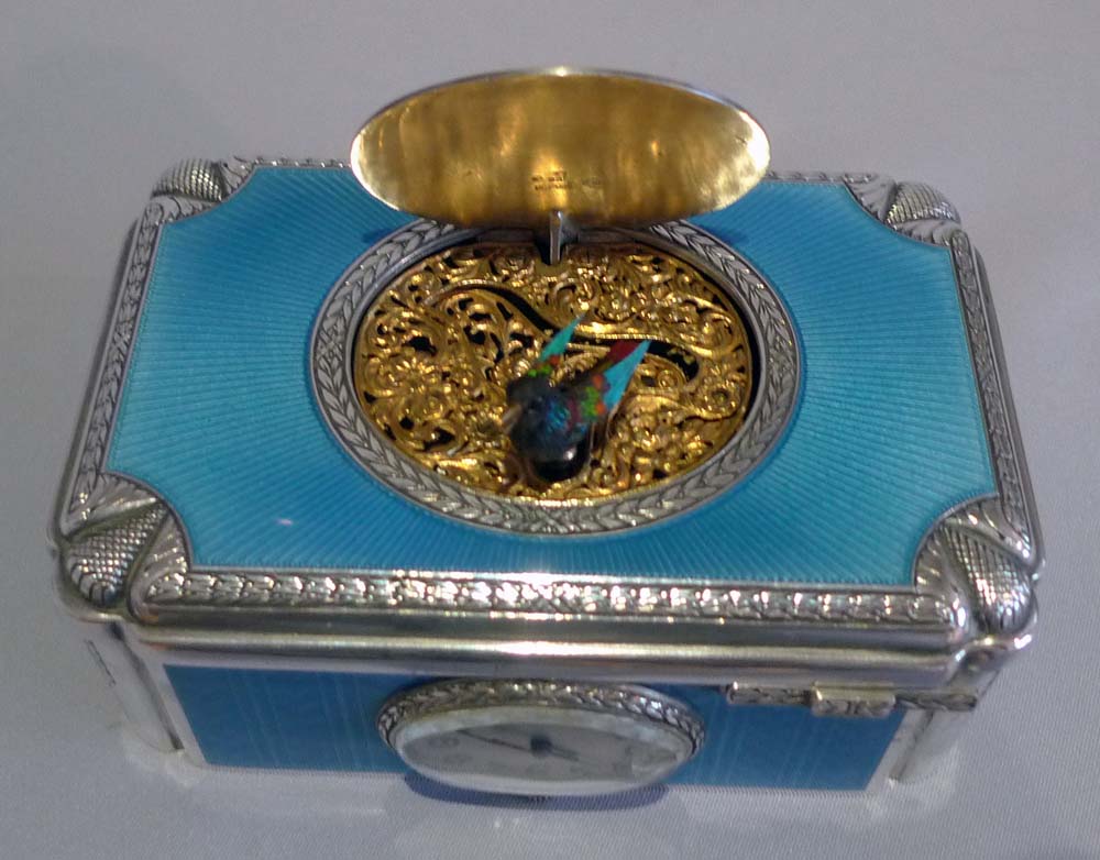 Singing bird box in solid silver and all over electric blue guilloche enamel with watch by Raymys.