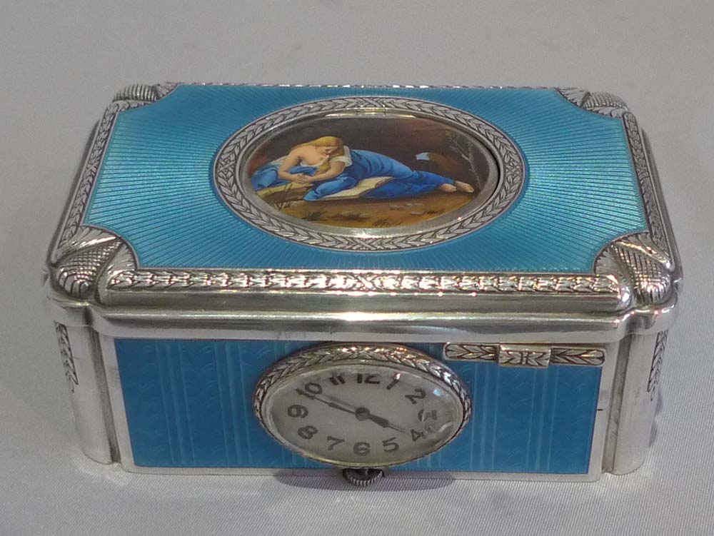 Singing bird box in solid silver and all over electric blue guilloche enamel with watch by Raymys.