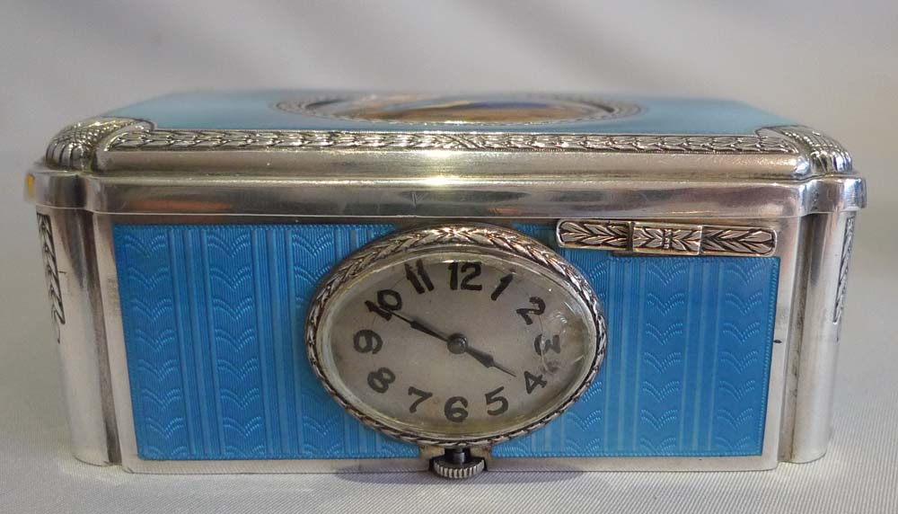 Singing bird box in solid silver and all over electric blue guilloche enamel with watch by Raymys.