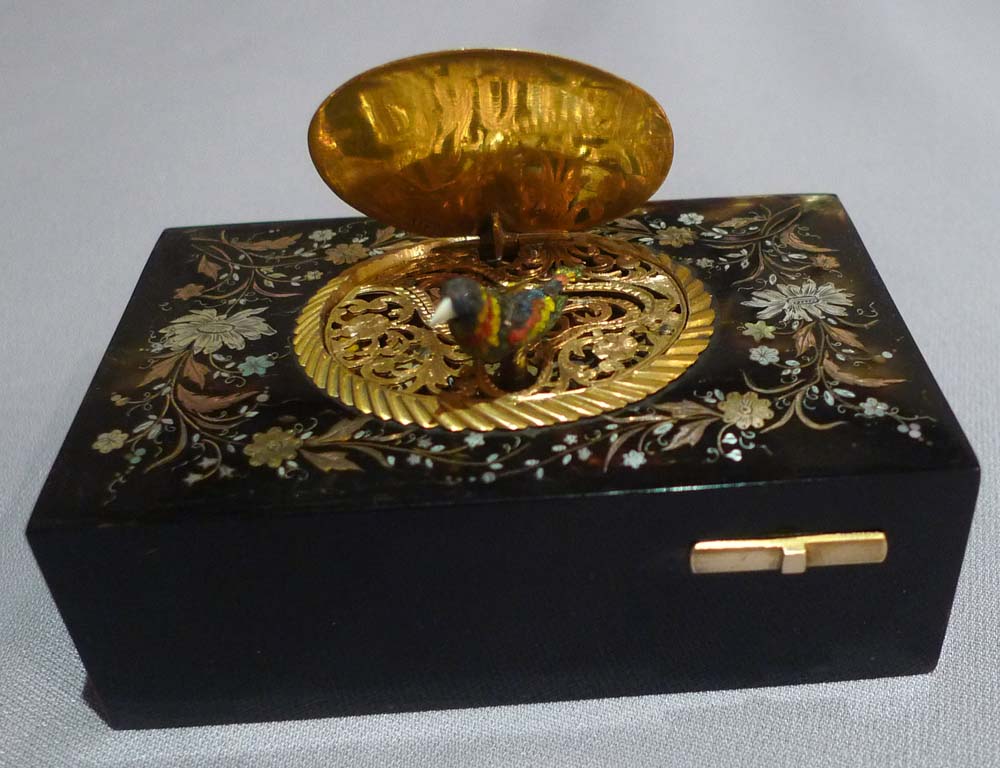 Antique Bontems singing bird box in Tortoiseshell with piquet work in shell, gold and silver.