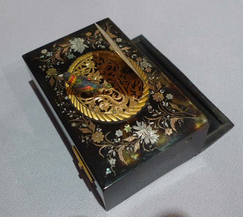 Antique Bontems singing bird box in Tortoiseshell with piquet work in shell, gold and silver.