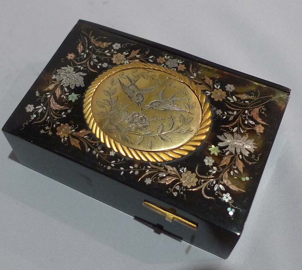 Antique Bontems singing bird box in Tortoiseshell with piquet work in shell, gold and silver.