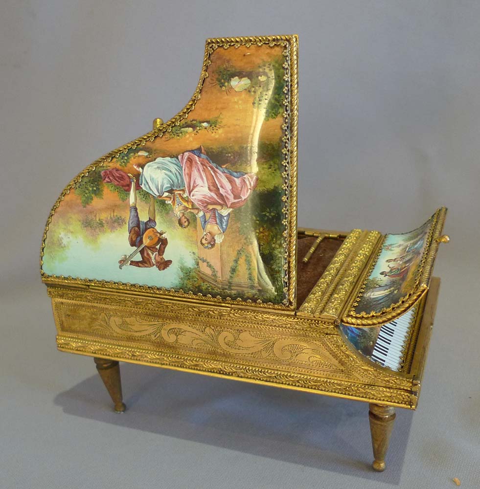 Antique musical grand piano in hand painted enamel and fine gilt bronze.