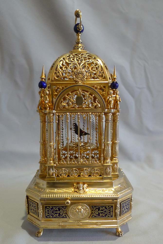 Antique Silver gilt and enamel singing bird cage.