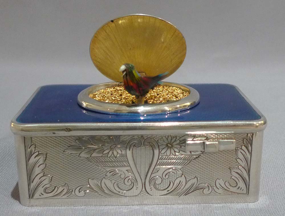 Singing bird box in silver and blue guilloche enamel, movement by Salmon.
