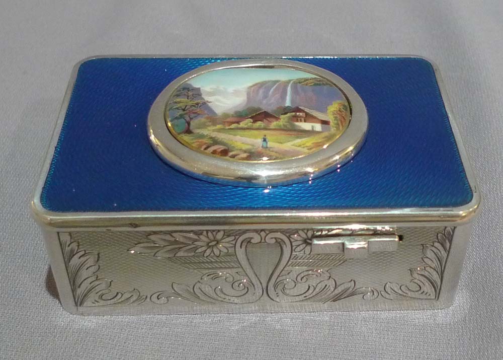 Singing bird box in silver and blue guilloche enamel, movement by Salmon.