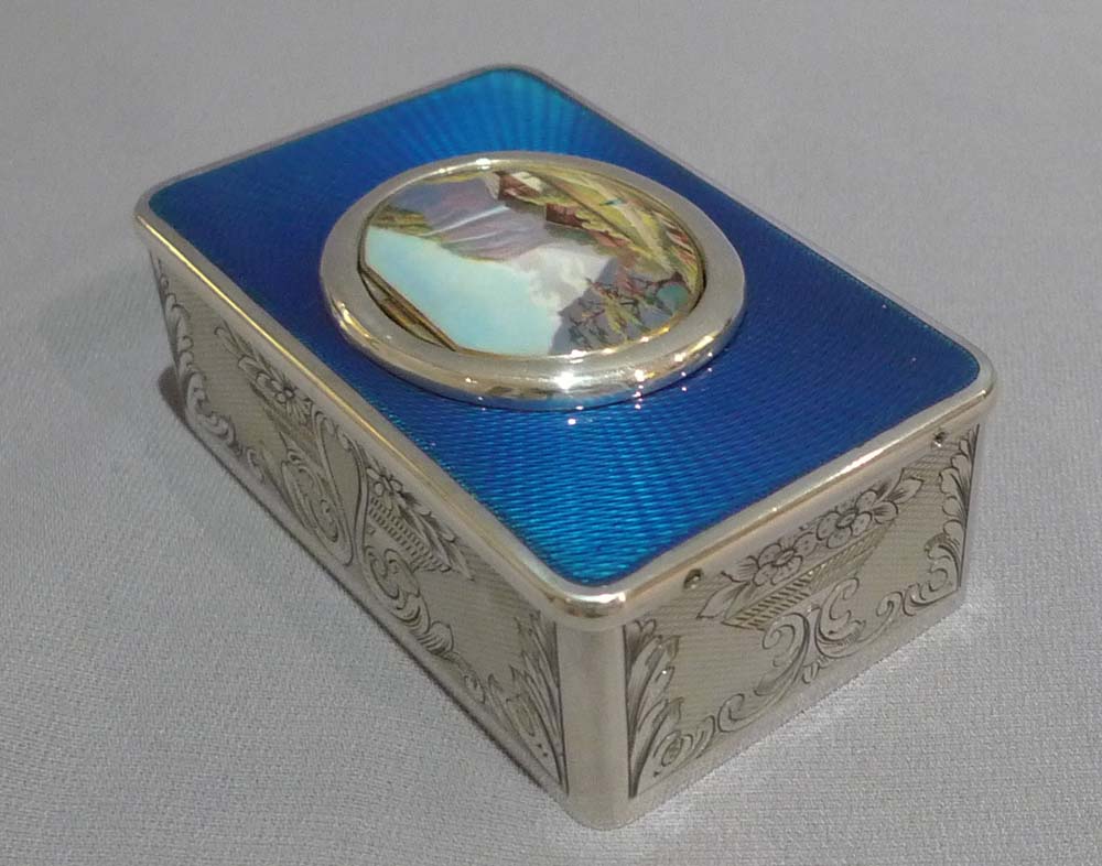 Singing bird box in silver and blue guilloche enamel, movement by Salmon.