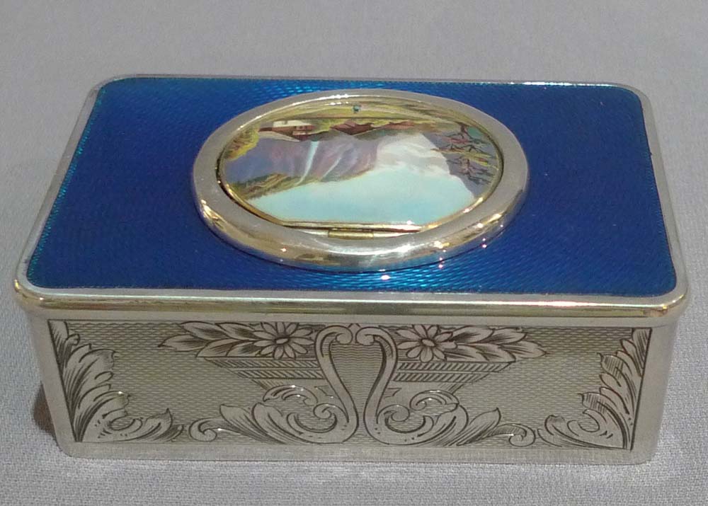 Singing bird box in silver and blue guilloche enamel, movement by Salmon.