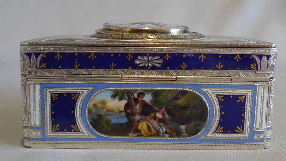 Singing bird box in silver and fine hand painted and guilloche enamel .