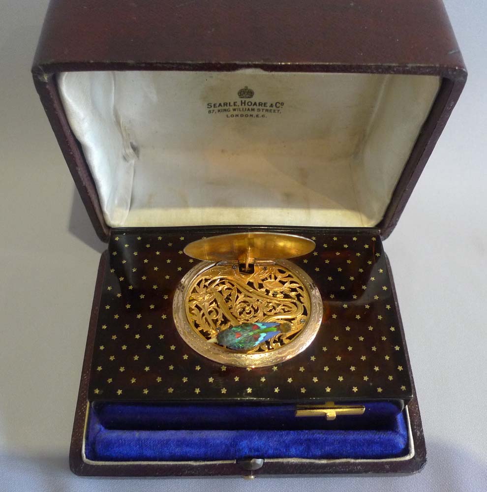 Antique singing bird box by Bontems in tortoiseshell and silver gilt with original case and key.