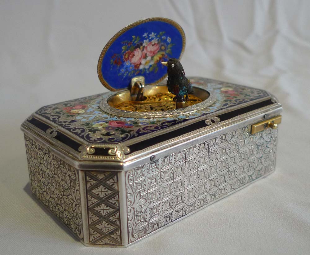 Antique fusee singing bird box by Charles Bruguier No. 138, silver, silver gilt and enamel.