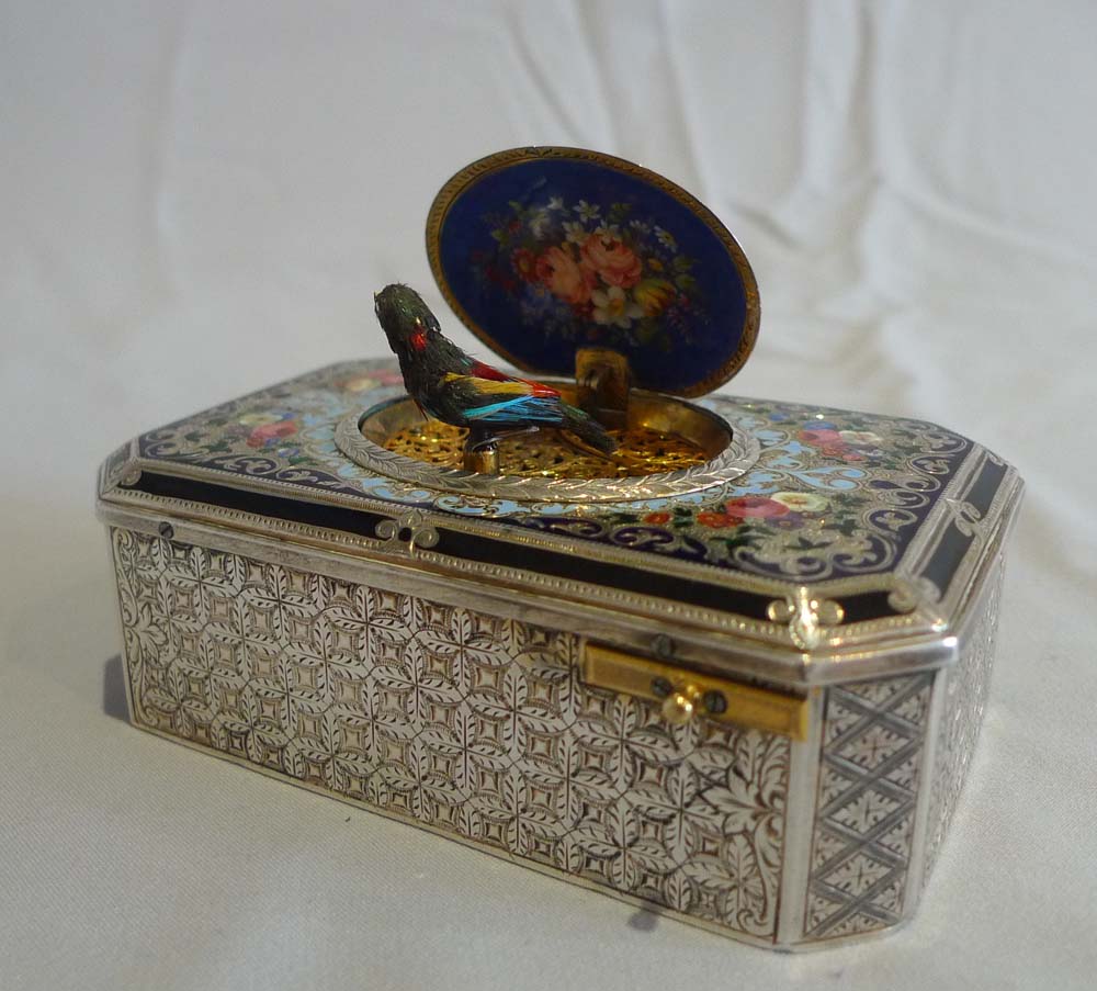 Antique fusee singing bird box by Charles Bruguier No. 138, silver, silver gilt and enamel.