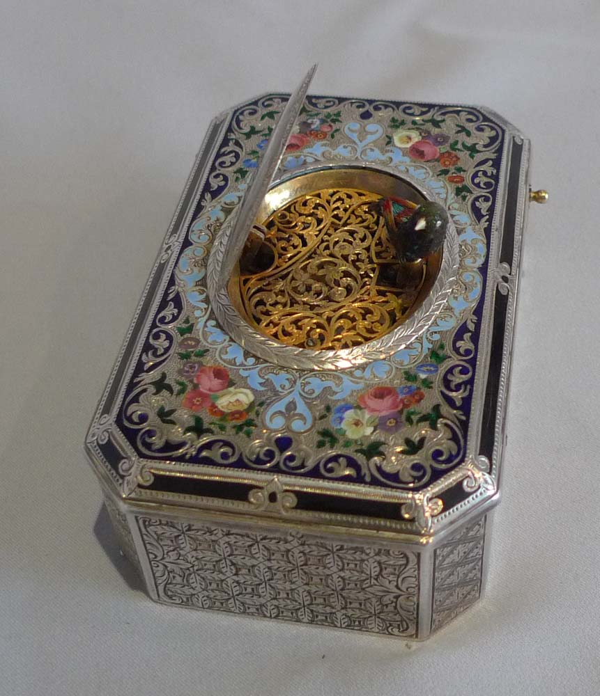 Antique fusee singing bird box by Charles Bruguier No. 138, silver, silver gilt and enamel.