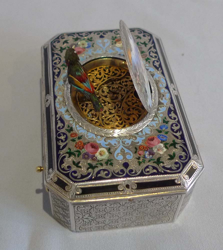 Antique fusee singing bird box by Charles Bruguier No. 138, silver, silver gilt and enamel.