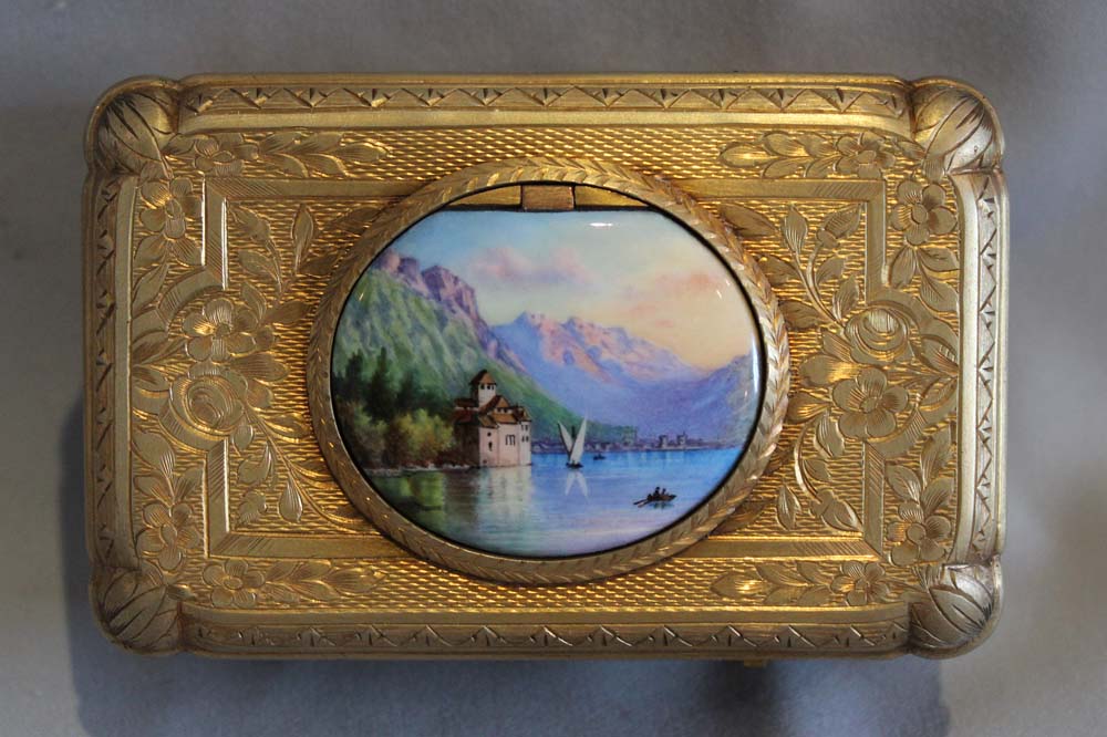 Antique singing bird box silver gilt and enamel by Bontems of Paris.