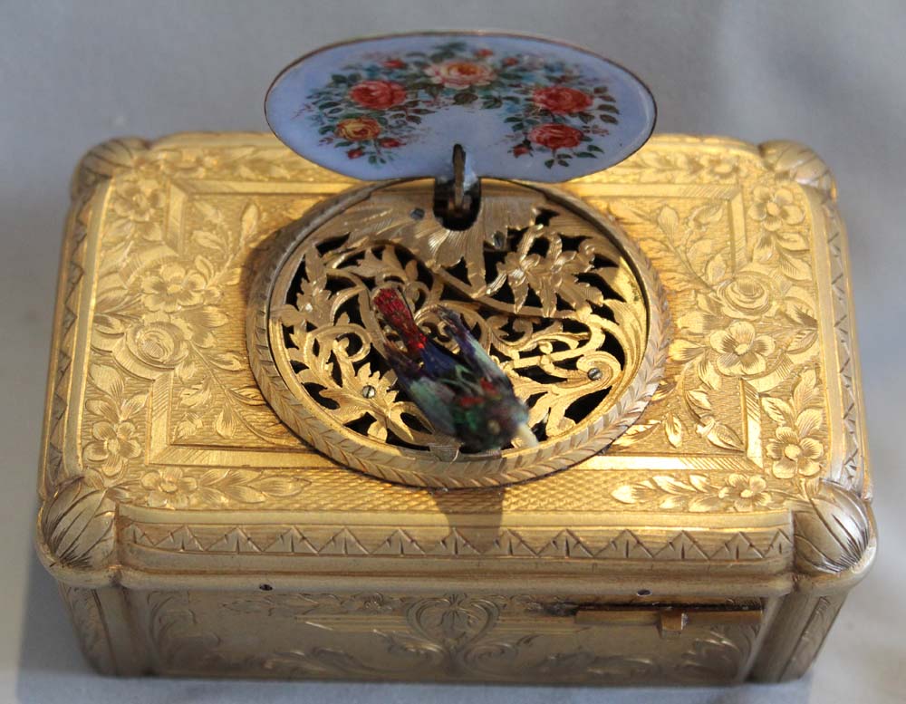 Antique singing bird box silver gilt and enamel by Bontems of Paris.